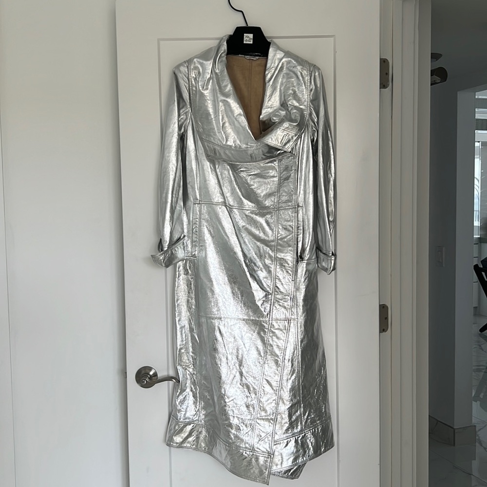 Mid length lightweight silver metallic leather suede topcoat
